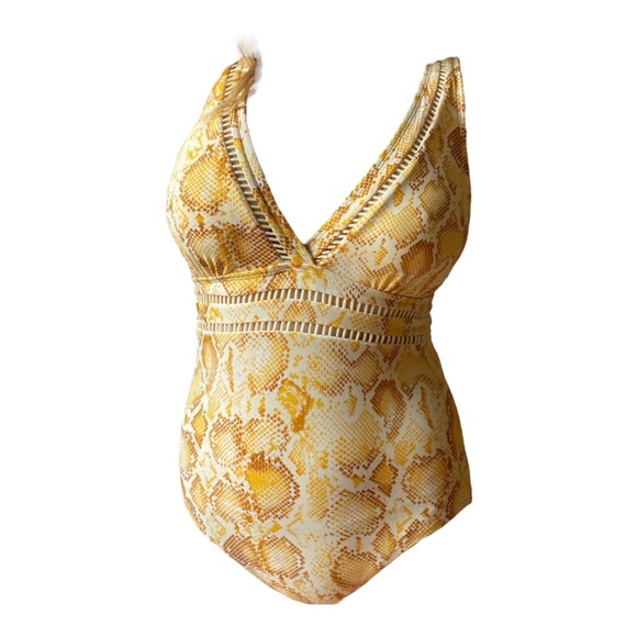 Orange Snakeskin Print Pattern V-neck One Piece Swimsuit Bathing Suit Size 14 - Picture 1 of 2